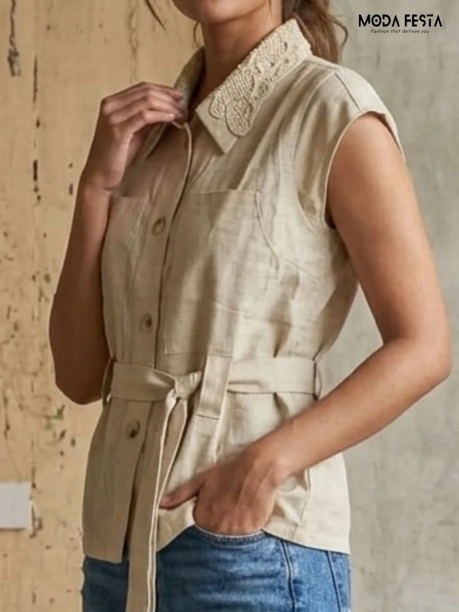 ModaFesta -Lace Collar Button-Down Top with Waist Tie
